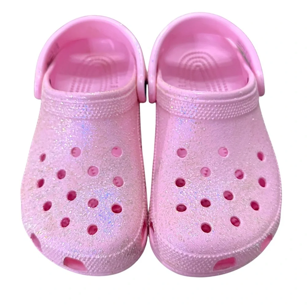 CROCS Classic Fit Girls Pink Tweed Slip On Glitter Clogs Big Kids J 5